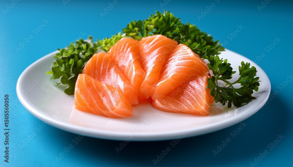 fresh salmon sashimi is beautifully arranged on white plate garnished with green herbs showcasing its vibrant orange color and delicate texture fresh salmon sashimi is beautifully arranged on white plate garnished with green herbs showcasing its vibrant orange color and delicate texture