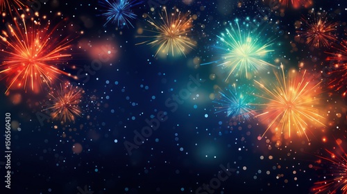 A vibrant fireworks display against a dark blue sky with a bokeh effect.