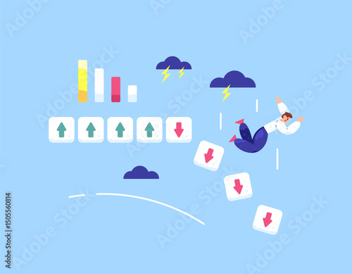 concept of failed and unsuccessful process. decline, loss, bankruptcy, demotion. declining performance. career and business problems. illustration of a businessman falling and failing. flat style 