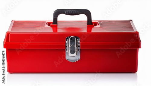 closed red metal toolbox isolated on white background