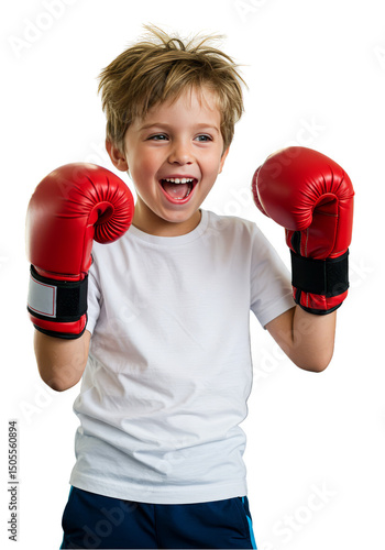Excited Young Boxer Boy with Red Gloves a Transparent Background