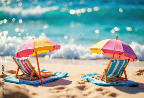 Wallpaper Mural Colorful beach umbrellas and chairs on sandy shore with ocean waves in the background Torontodigital.ca