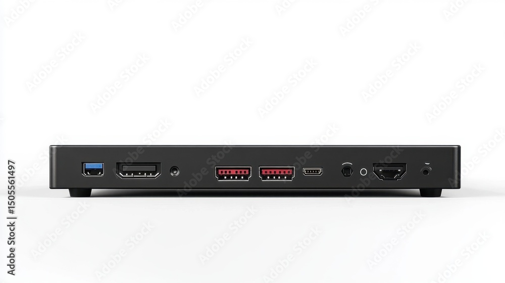 Obraz premium Slim black set-top box with HDMI, Ethernet, and USB ports displayed from rear view