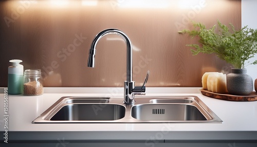 close up stainless steel kitchen sink and steel chrome faucet in modern kitchen