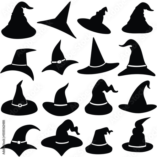 Halloween Black Witch Hats Silhouette Collection, Various Styles and Shapes Set Illustration