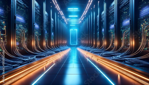 a futuristic 3d background of a hidden underground cyber laboratory pulsing neon wires snake along the metallic walls connecting to vast quantum servers crunching encrypted data the air hums with