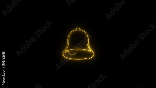 Glowing neon blue and golden notification bell animation icon notice warning signal ring burning animated sign symbol on black background.