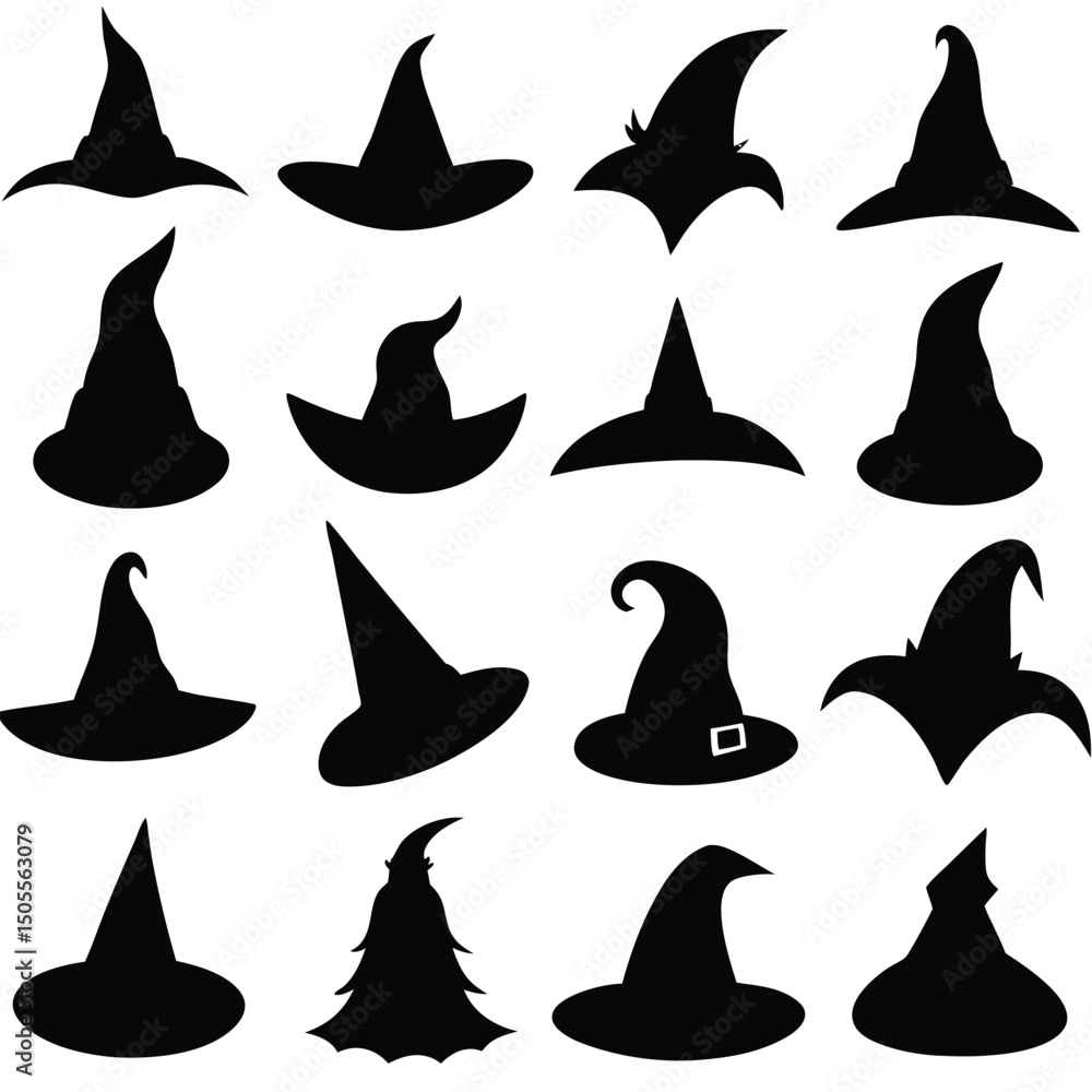 Halloween Silhouettes Witch Hats Collection in Varied Styles for Spooky Season Décor Halloween Silhouettes Witch Hats Collection in Varied Styles for Spooky Season Décor