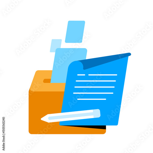 Feedback suggestion box illustration. Flat design of comment box with note paper and pen. giving opinion, review, suggestion. for UI, customer service, survey form, testimonial section, and feedback