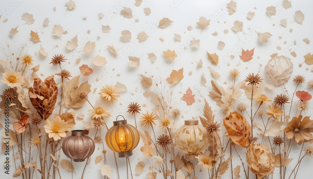 Obraz premium Flatlay of Dried Flowers, Fall Leaves, and Lanterns on a White Background