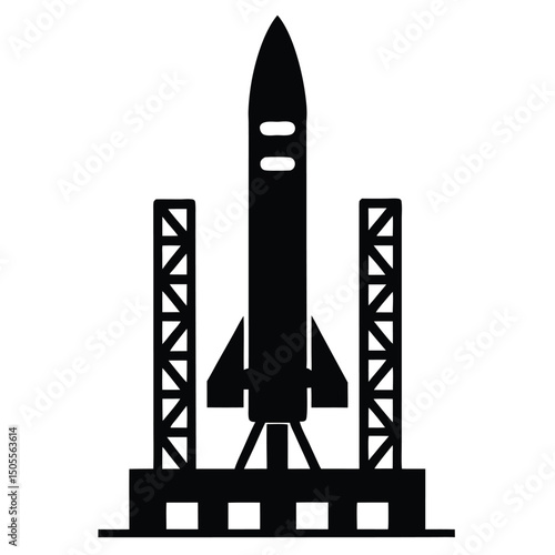 Illustration Rocket on Launchpad with Support Towers Ready for Liftoff