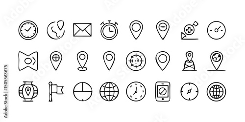 set icon Time, date and location icon set in line style, Containing hourglass, pin, stopwatch, calendar, clock, gps point, flag point, globe point and more, vector illustration