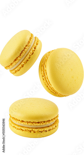 Isolated Photo of Three Yellow Macarons with Cream Filling on Transparent Background