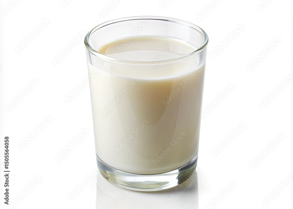 A clear glass filled with cold, refreshing milk on a white surface A clear glass filled with cold, refreshing milk on a white surface
