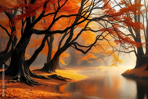 mystical autumn forest, vibrant with orange, crimson, and gold, stretches along a peaceful river, Generative AI