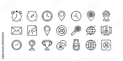 set icon Time, date and location icon set in line style, Containing hourglass, pin, stopwatch, calendar, clock, gps point, flag point, globe point and more, vector illustration