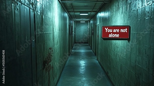Eerie corridor with creepy message on rusty walls in dim lighting