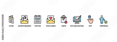 Print banner web icon set vector illustration concept with icon of flyer, advertisement, brochure, poster, postcards, cmyk, picture editing, dtp, and prepress