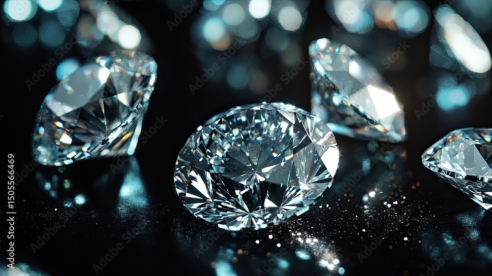 Sparkling diamonds scattered on a black reflective surface representing wealth luxury and timeless beauty with Sparkling diamonds scattered on a black reflective surface representing wealth luxury and timeless beauty with