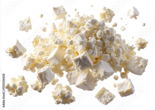 Pile of crumbled fresh white cheese isolated on a clean white background