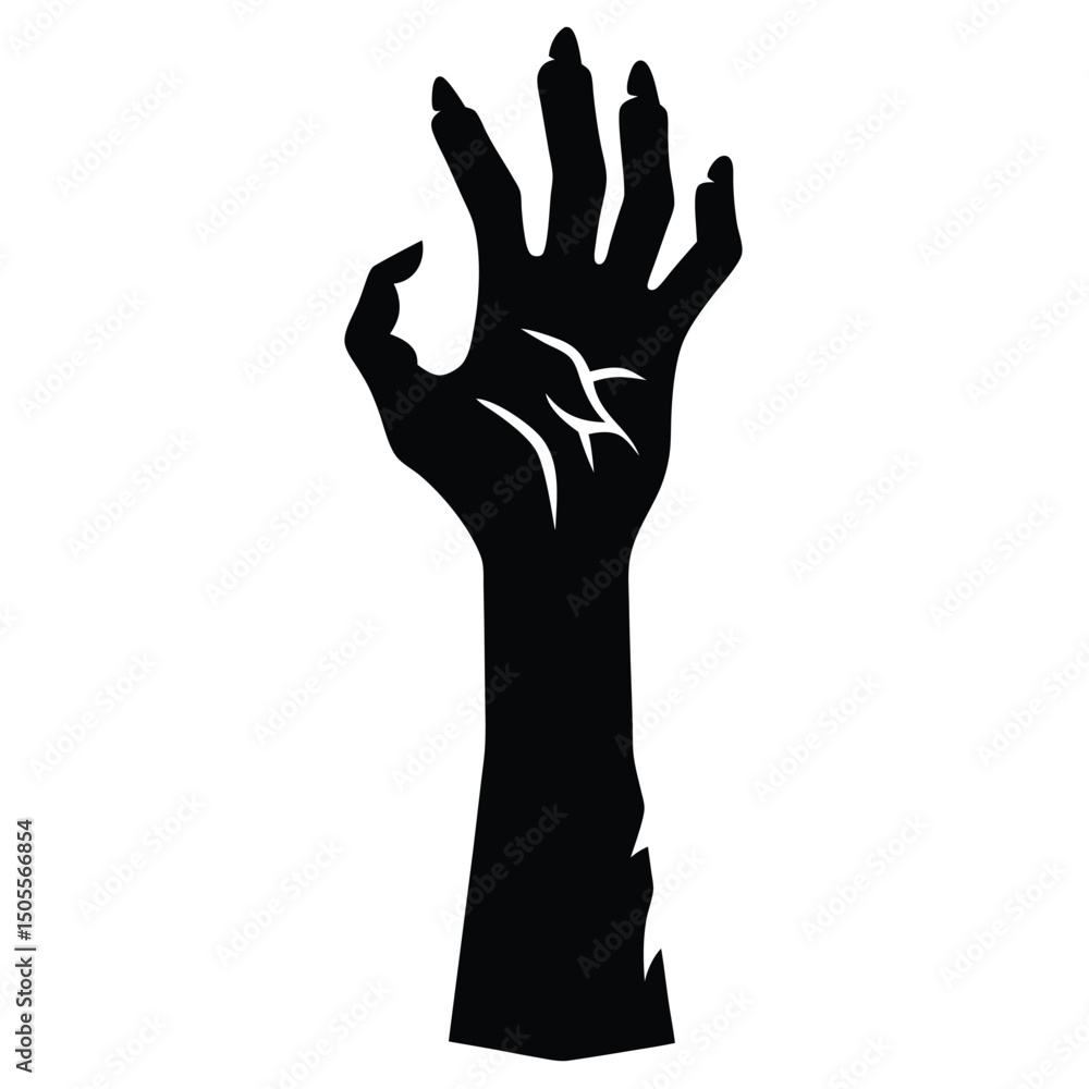 Silhouette of a Zombie Hand Reaching Upwards with Long Nails and Scars Silhouette of a Zombie Hand Reaching Upwards with Long Nails and Scars