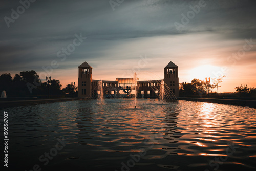 Fotomural View of Tanguá Park in the city of Curitiba, Brazil, with the water mirror in the foreground, and the central structure with symmetrical towers in the background, illuminated by the sunset