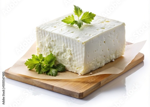 A block of feta cheese garnished with celery on a wooden board
