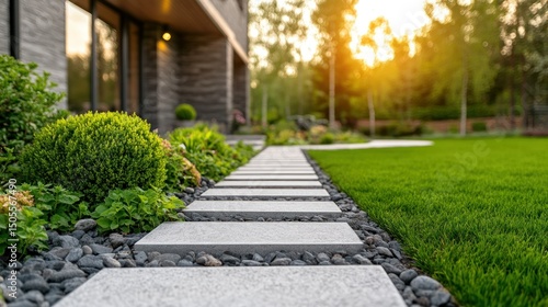 Modern landscaping with pathway and greenery.  Landscaped garden with stone walkway and lush plants leading to modern home