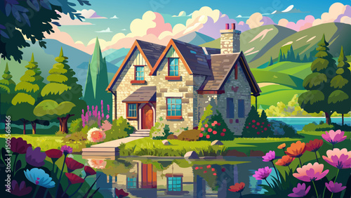 In the heart of Lake District, England, a charming lakeside stone cottage nestles among blooming flowers, reflecting serenity and timeless beauty beside the peaceful water.