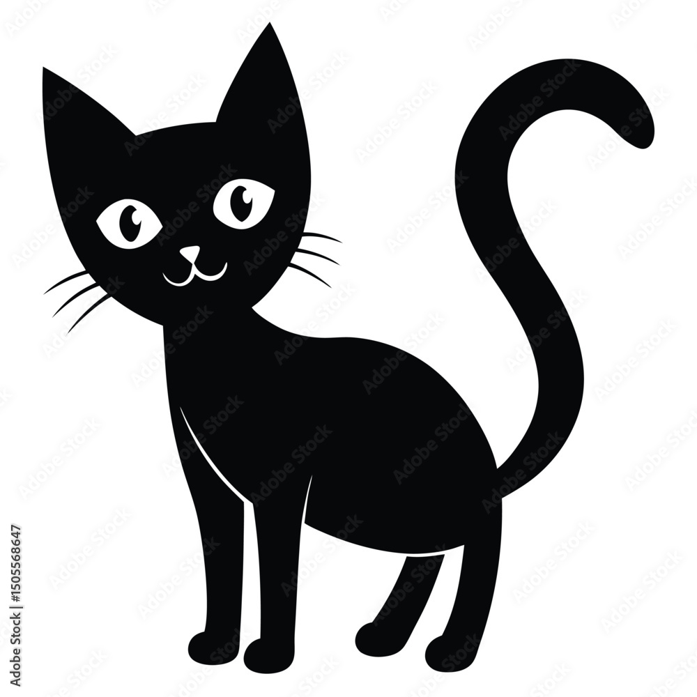Simple Black Cat Illustration with Curled Tail, Cute Feline Design, Pet Animal Simple Black Cat Illustration with Curled Tail, Cute Feline Design, Pet Animal