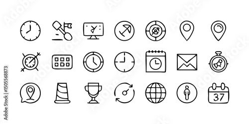 set icon Time, date and location icon set in line style, Containing hourglass, pin, stopwatch, calendar, clock, gps point, flag point, globe point and more, vector illustration