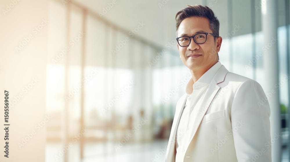 A man in a white suit standing in a modern office with a glass wall. A man in a white suit standing in a modern office with a glass wall.