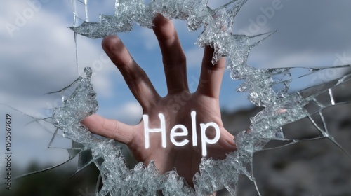 Hand reaching through broken glass with help message visible