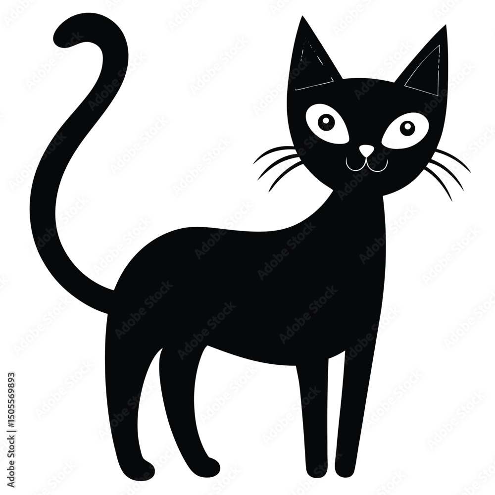 Sleek Silhouette Cartoon Black Cat with Curled Tail on White Background Sleek Silhouette Cartoon Black Cat with Curled Tail on White Background