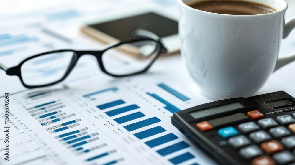 Budgeting flat lay workspace with open laptop financial notebook calculator mobile phone coffee cup glasses and business analysis reports on white background Budgeting flat lay workspace with open laptop financial notebook calculator mobile phone coffee cup glasses and business analysis reports on white background
