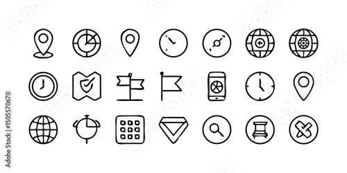 set icon Time, date and location icon set in line style, Containing hourglass, pin, stopwatch, calendar, clock, gps point, flag point, globe point and more, vector illustration
