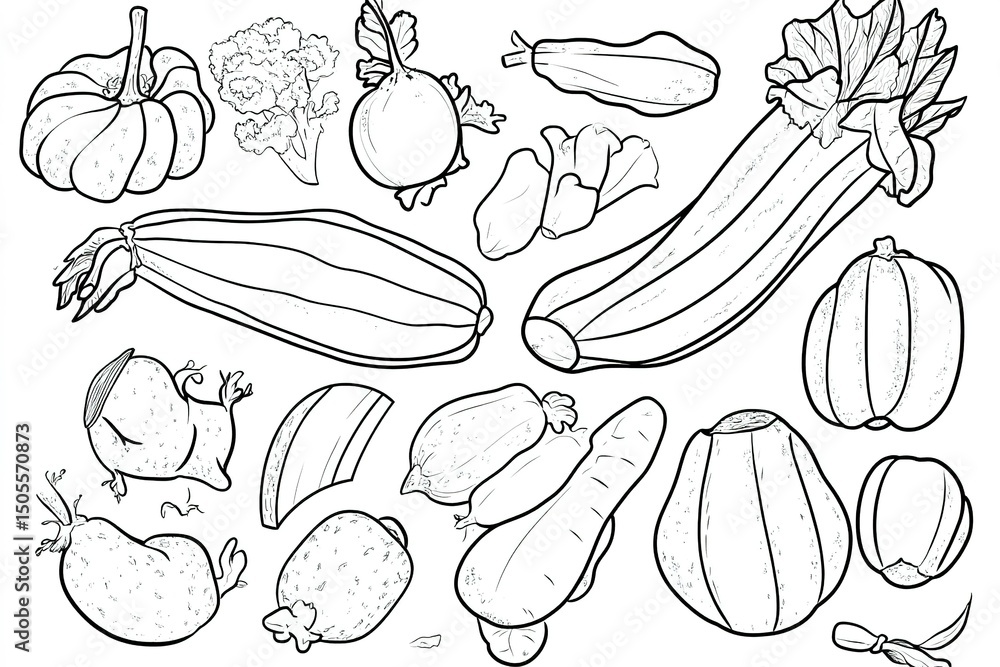 A fun page featuring exotic vegetables like okra, jicama, and bitter melon, outlined in a thick, simple style for kids to color A fun page featuring exotic vegetables like okra, jicama, and bitter melon, outlined in a thick, simple style for kids to color
