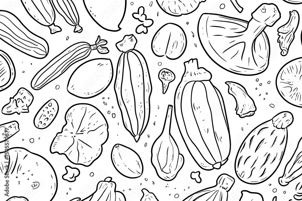 A fun page featuring exotic vegetables like okra, jicama, and bitter melon, outlined in a thick, simple style for kids to color A fun page featuring exotic vegetables like okra, jicama, and bitter melon, outlined in a thick, simple style for kids to color