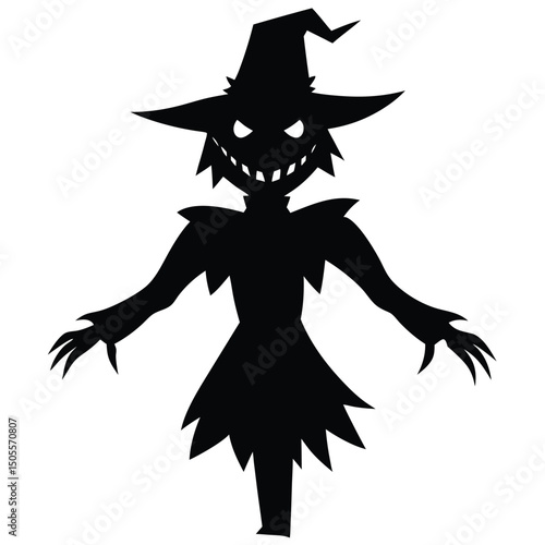 Spooky Scarecrow Silhouette with Witch Hat Illustration for Halloween Designs and Crafts