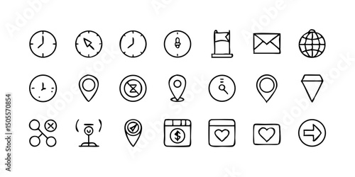 set icon Time, date and location icon set in line style, Containing hourglass, pin, stopwatch, calendar, clock, gps point, flag point, globe point and more, vector illustration