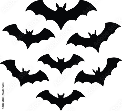 Spooky Silhouette Group of Black Bats Flying for Halloween Decorations, Illustration
