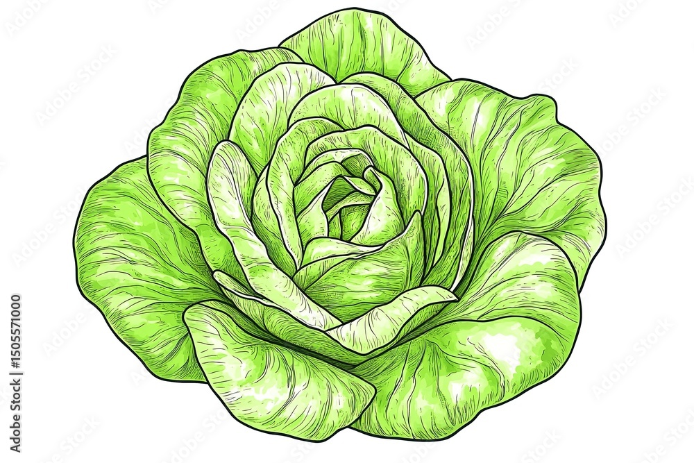 Fototapeta premium A hand-drawn head of lettuce with crinkly leaves, simple and fun for a children's coloring book