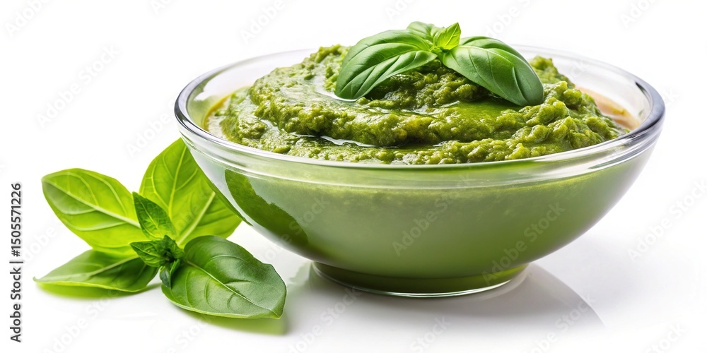 Delicious Homemade Pesto Sauce in a Glass Bowl with Fresh Basil Leaves Delicious Homemade Pesto Sauce in a Glass Bowl with Fresh Basil Leaves