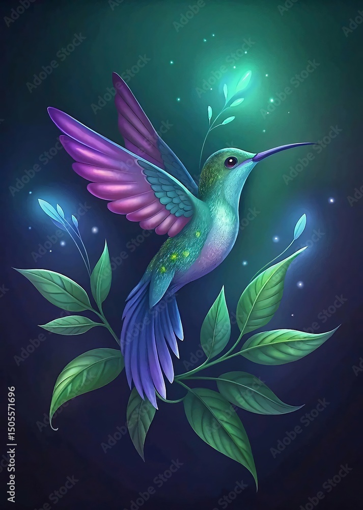 Obraz premium Colorful Hummingbird Soaring Among Vibrant Leaves Enchanted Ethereal Background