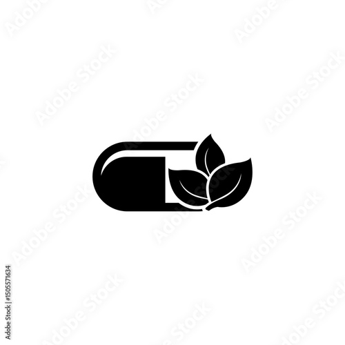 Simple black vector icon of a pill with leaves, representing natural and herbal medicine