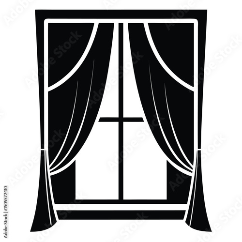 Stylized Window with Curtains Illustration in Black and White Design