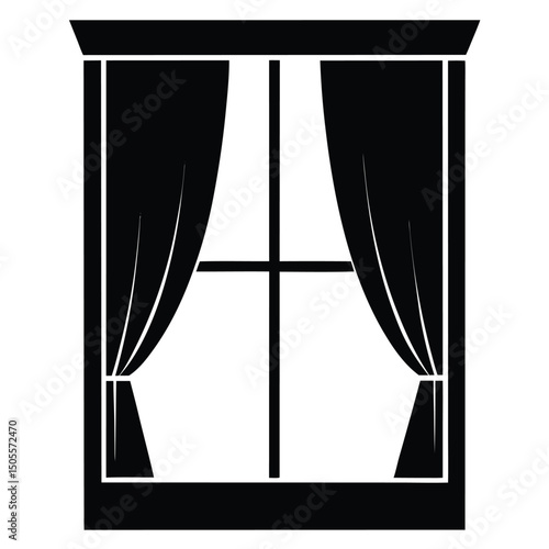 Stylized Window Icon Black Frame, Curtains, and Crossbar Silhouette Illustration