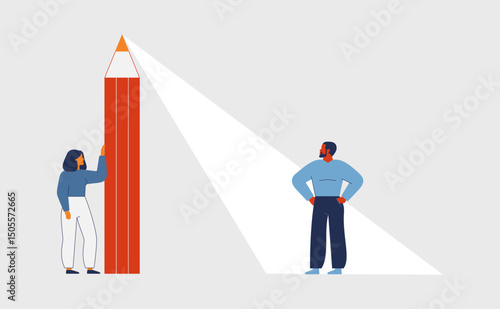woman recruiter is considering male candidate for a vacant position. Head hunting, recruitment and candidate choice concept. vector illustration