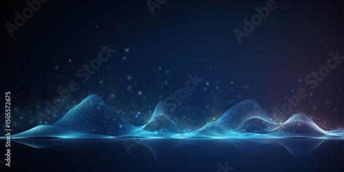 A blue and white abstract wave pattern with a dark blue background and glowing particles.