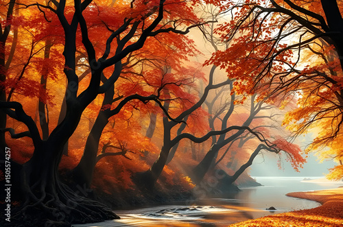 mystical autumn forest, vibrant with orange, crimson, and gold, stretches along a peaceful river, Generative AI